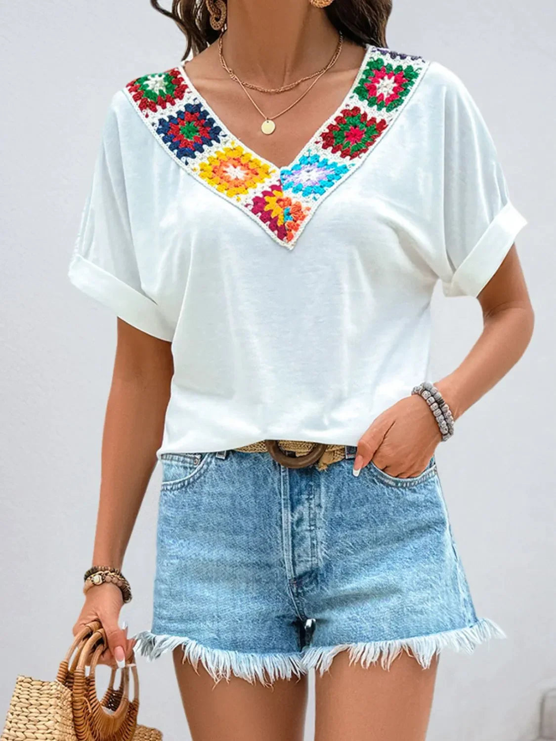 Contrast V Neck Short Sleeve Top With Embroidered Panels - Southern Shores Clothing