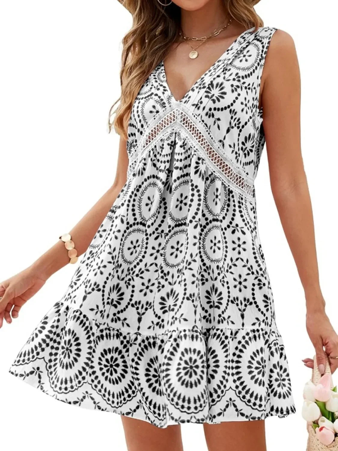 Printed V-Neck Sleeveless Mini Dress With Crochet Trim Details - Southern Shores Clothing