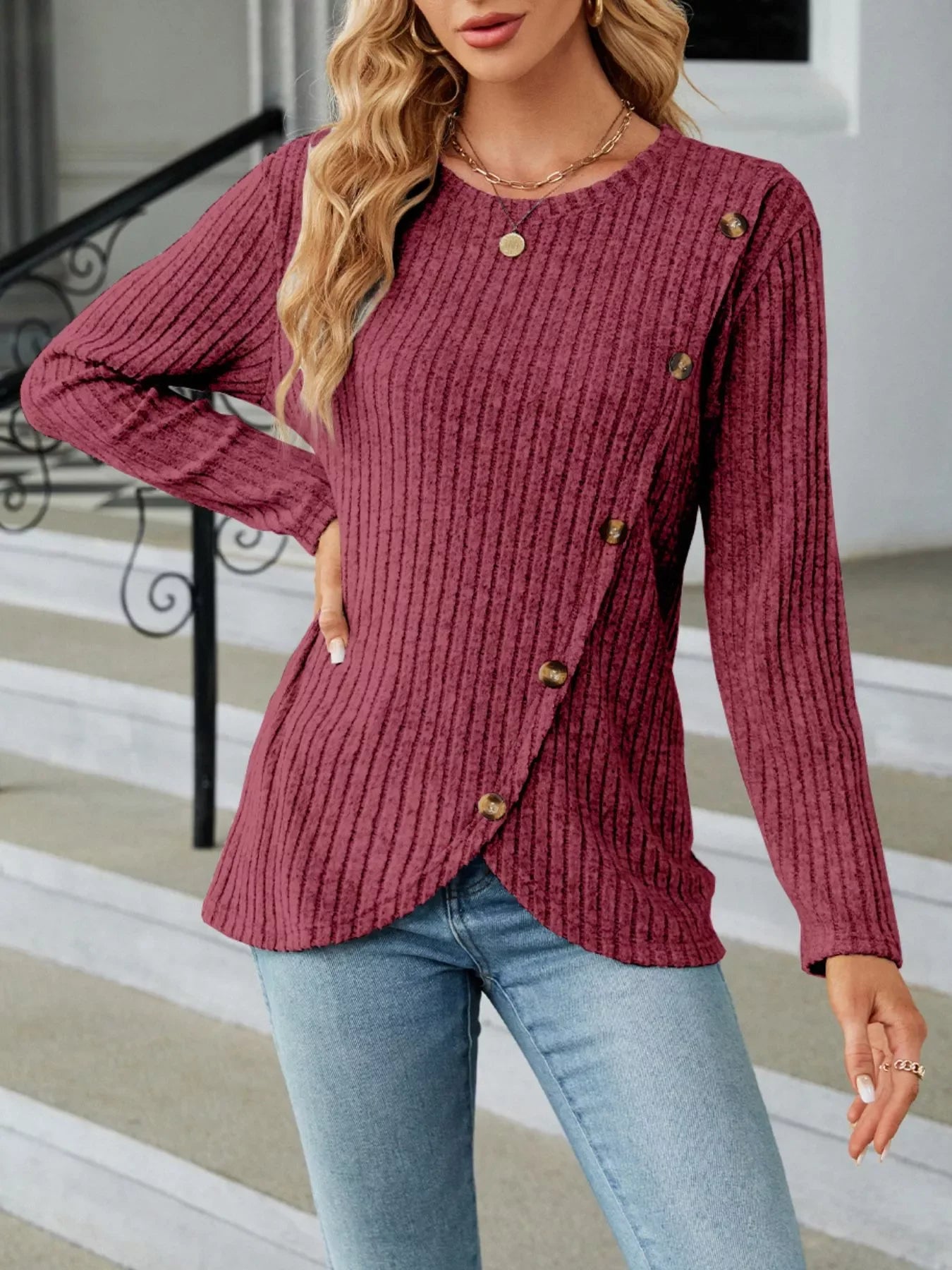 Ribbed Knit Decor Button T-Shirt - Southern Shores Clothing