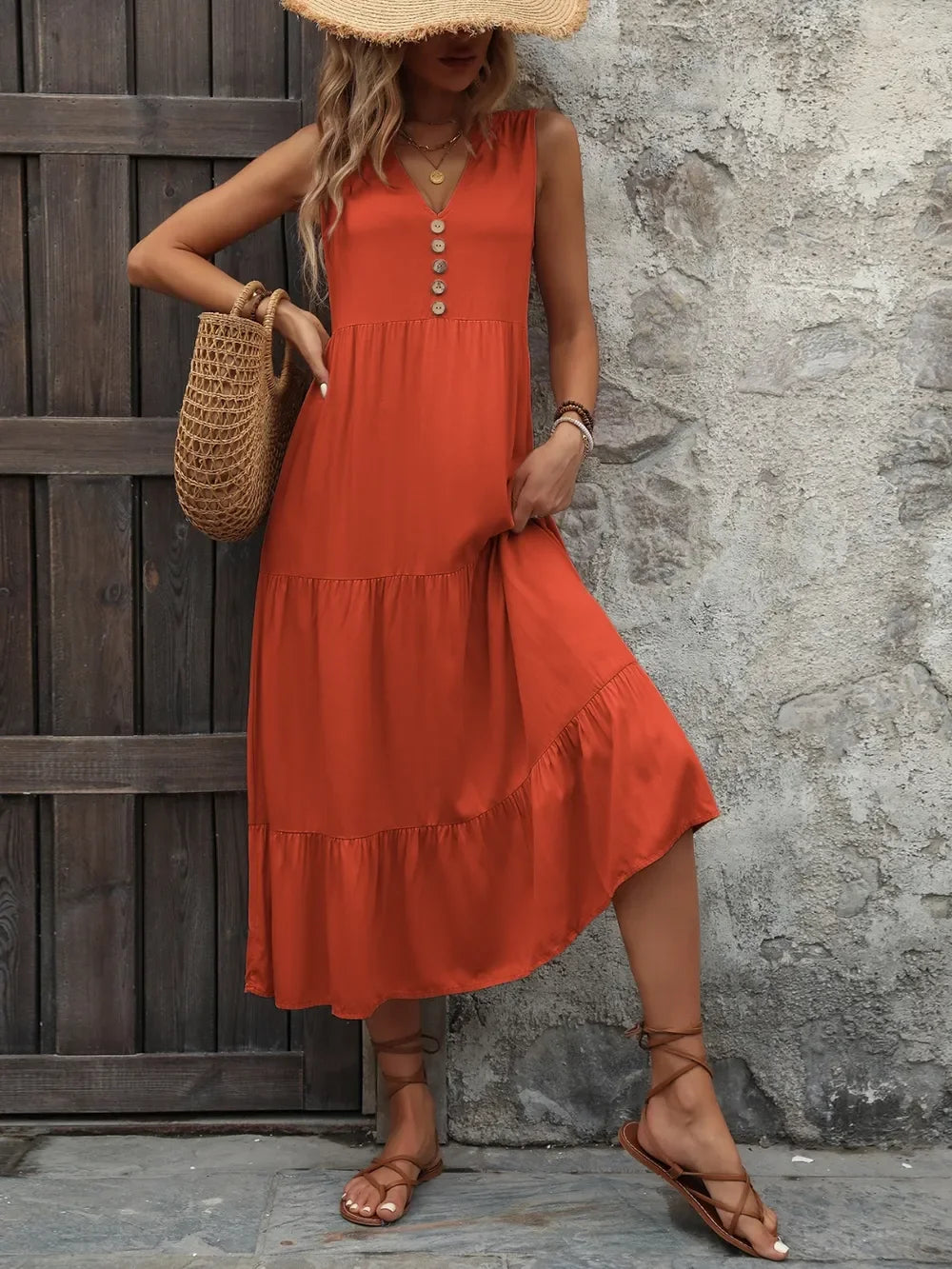 Notched Sleeveless Maxi Dress With Buttons - Southern Shores Clothing