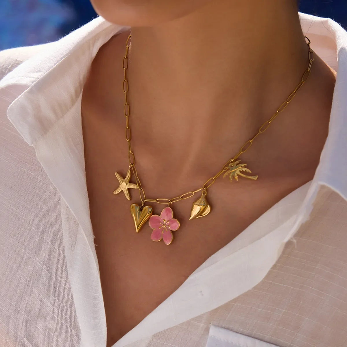 Coastal Beach Pendant Necklace With Pink Resin Flower Charm - Southern Shores Clothing