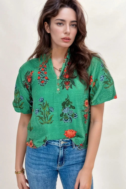 Floral Print Notched Short Sleeve Blouse With Buttoned Detail - Southern Shores Clothing