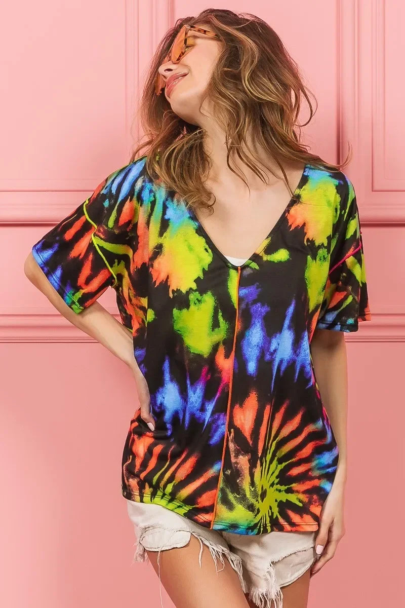 Tie Dye Print Jersey V Neck Top With Relaxed Fit - Southern Shores Clothing