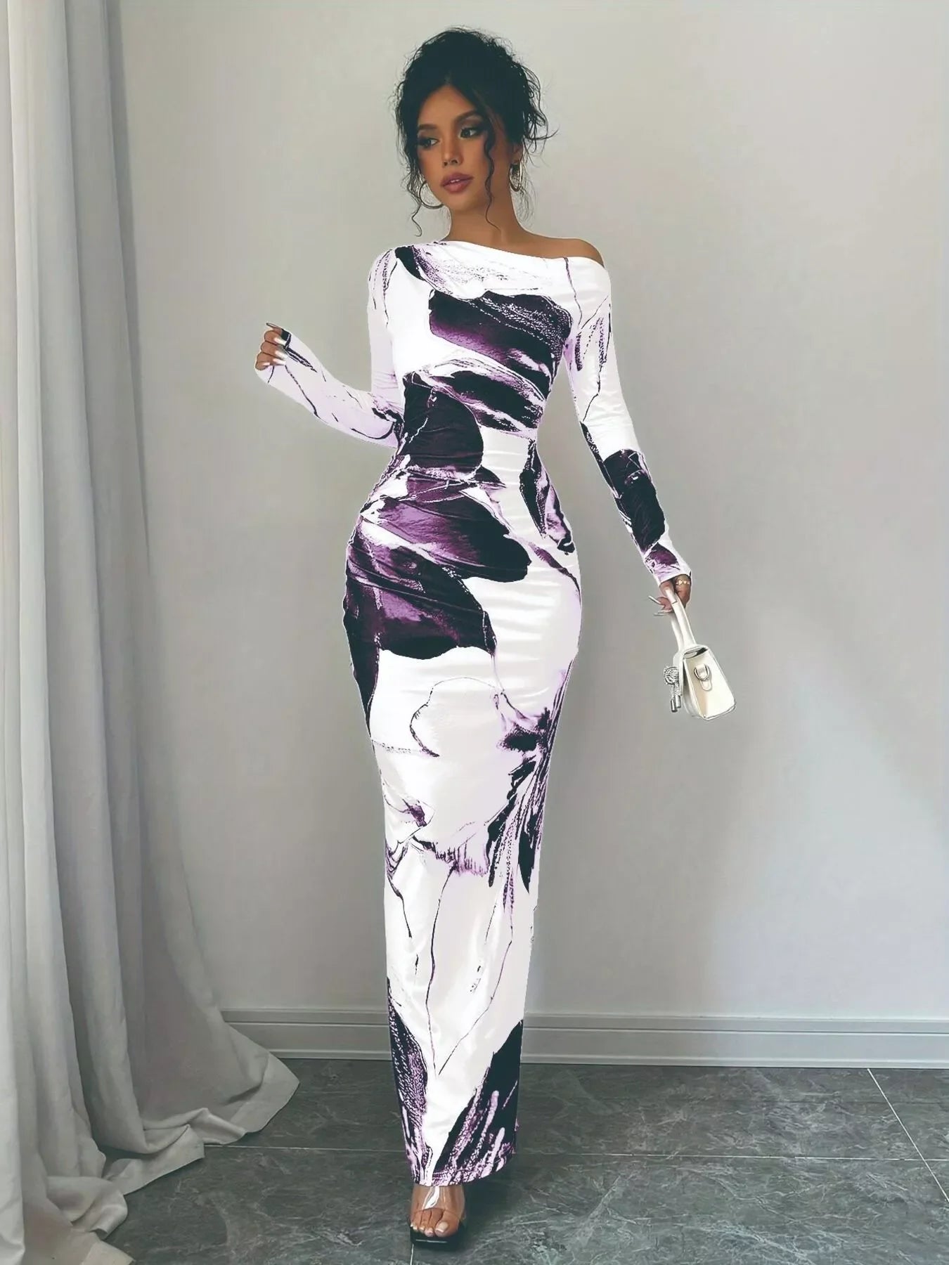 Floral One Shoulder Long Sleeve Maxi Dress - Southern Shores Clothing