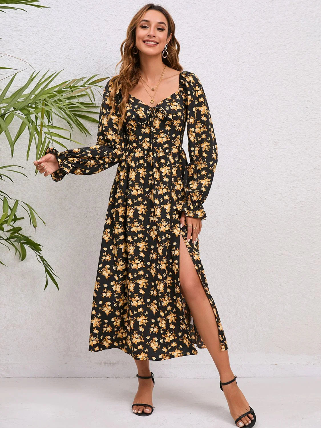 Casual Coastal Flounce Sleeve Slit Midi Dress - Southern Shores Clothing