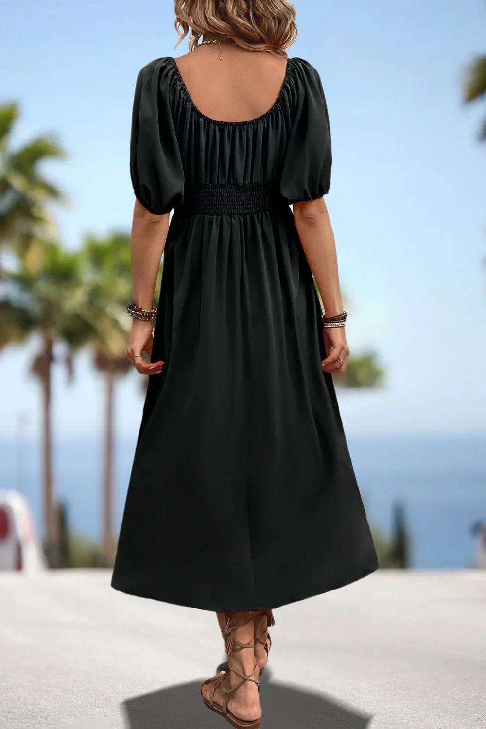 Square Neck Smocked Waist Puff Sleeve Midi Dress - Southern Shores Clothing