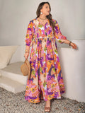Printed Tie Neck Maxi Dress With Button Front Slit Allover Floral - Southern Shores Clothing