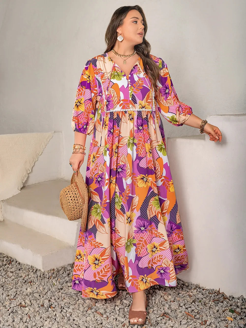 Printed Tie Neck Maxi Dress With Button Front Slit Allover Floral - Southern Shores Clothing