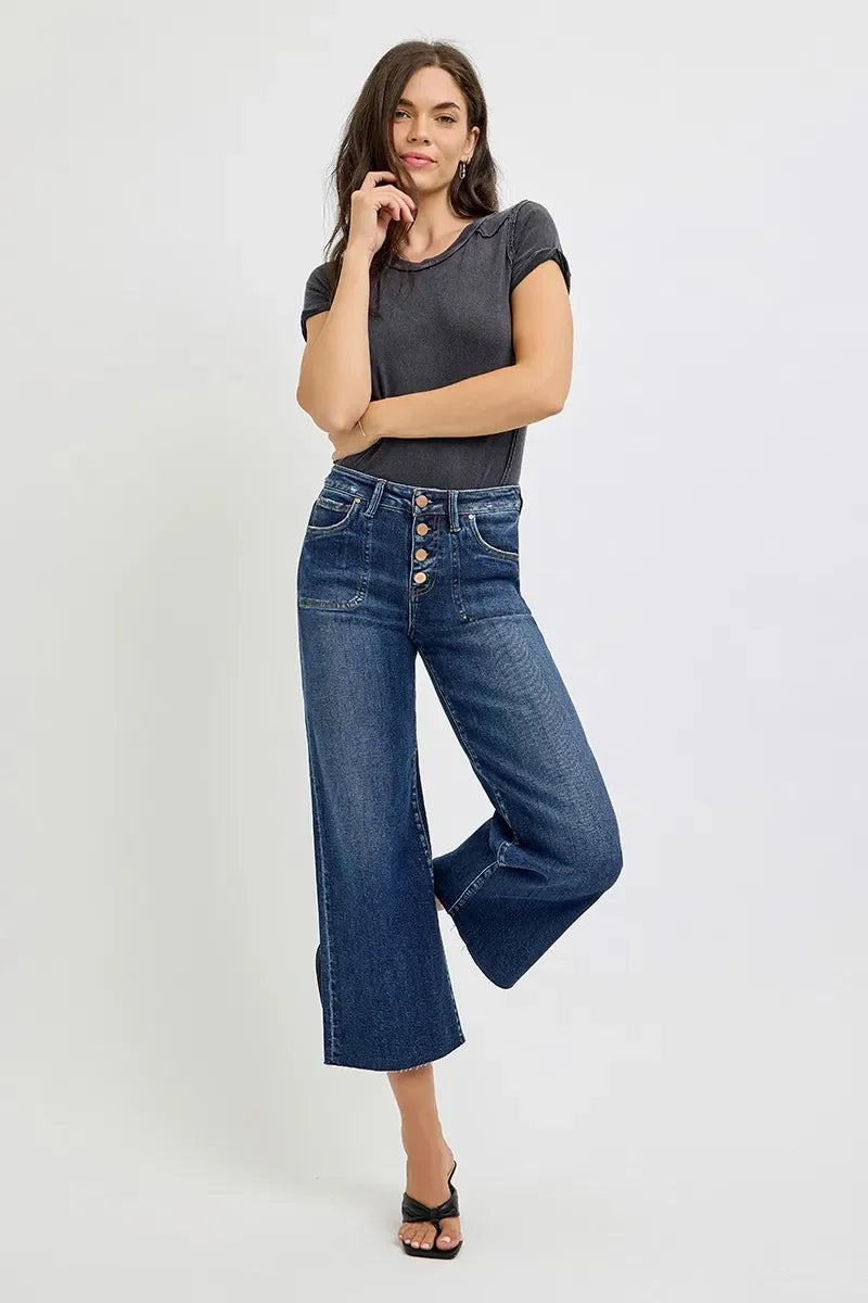 Plus Size High Rise Crop Wide Button Up Denim Jeans - Southern Shores Clothing