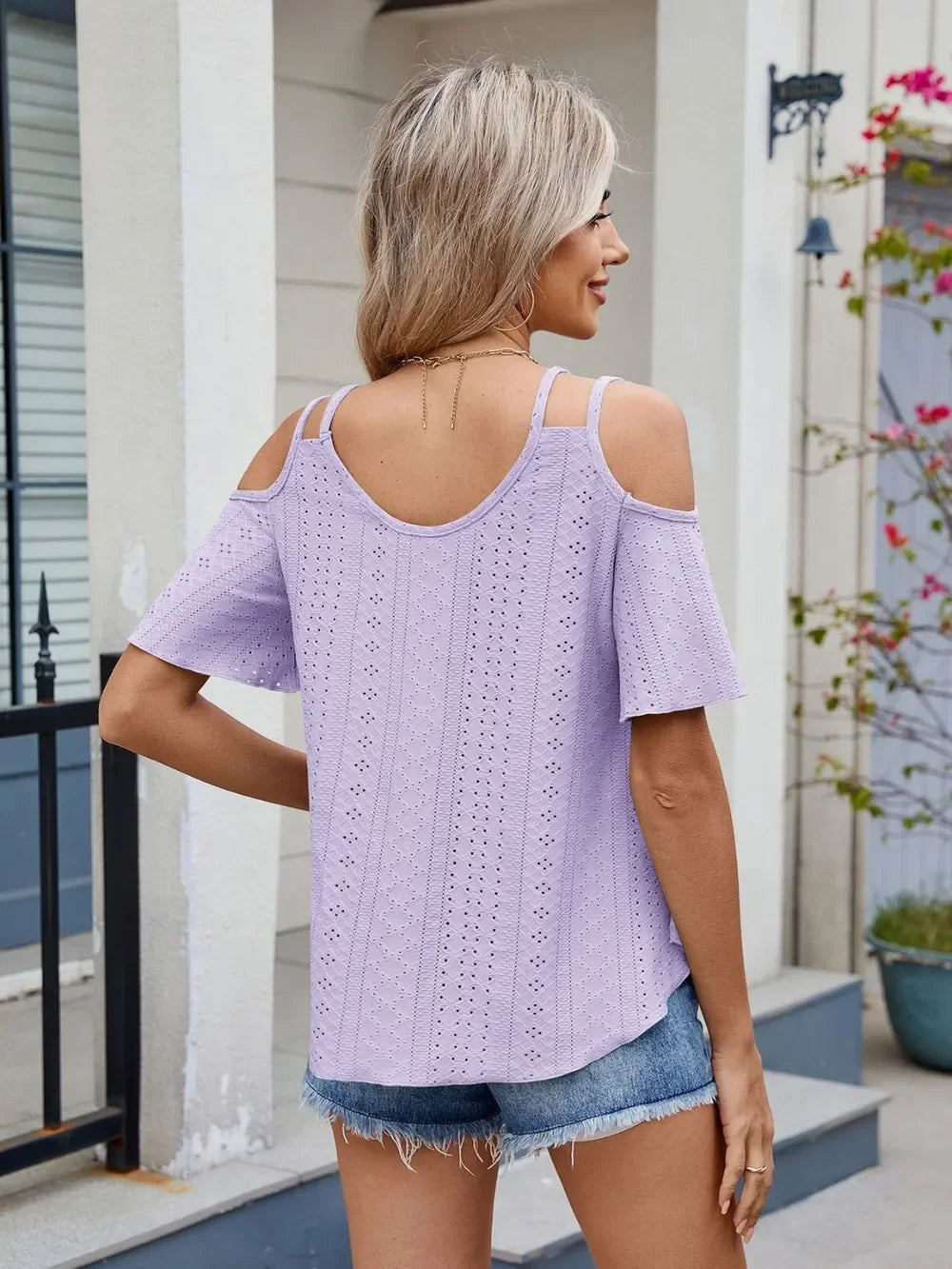 Florira Round Neck Cold Shoulder Eyelet T-Shirt - Southern Shores Clothing
