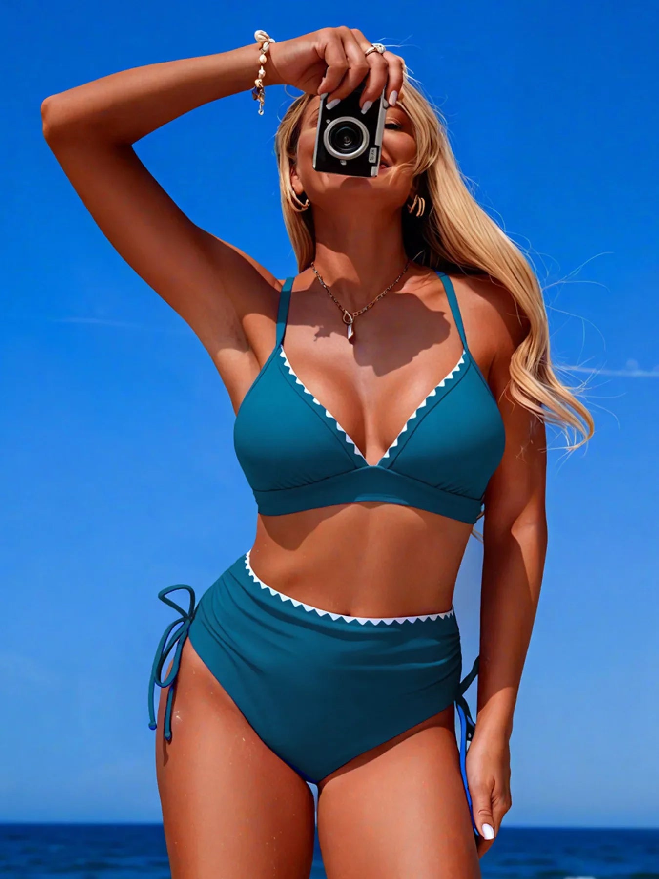 Scalloped Trim High-Waisted Bikini Set With Removable Padding - Southern Shores Clothing