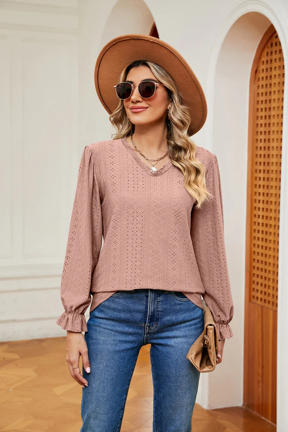 Southern Shores V-Neck Flounce Sleeve Lace Blouse In Stretch Rayon Blend Fabric For Versatile Wear - Southern Shores Clothing