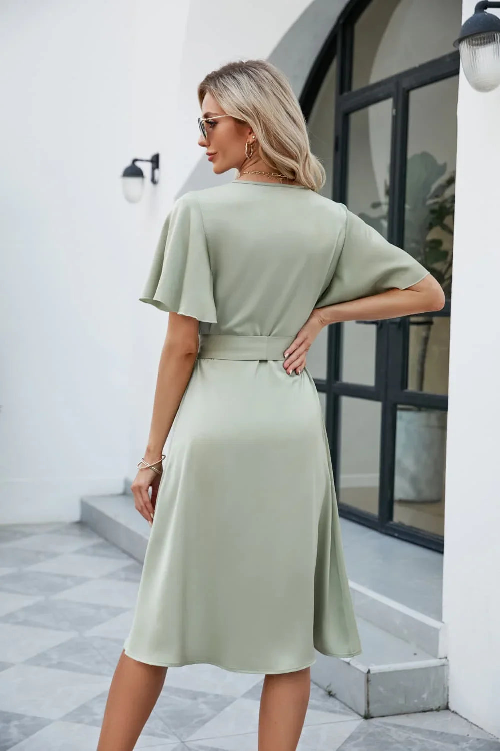 Tie Waist Flutter Sleeve Surplice Dress - Southern Shores Clothing