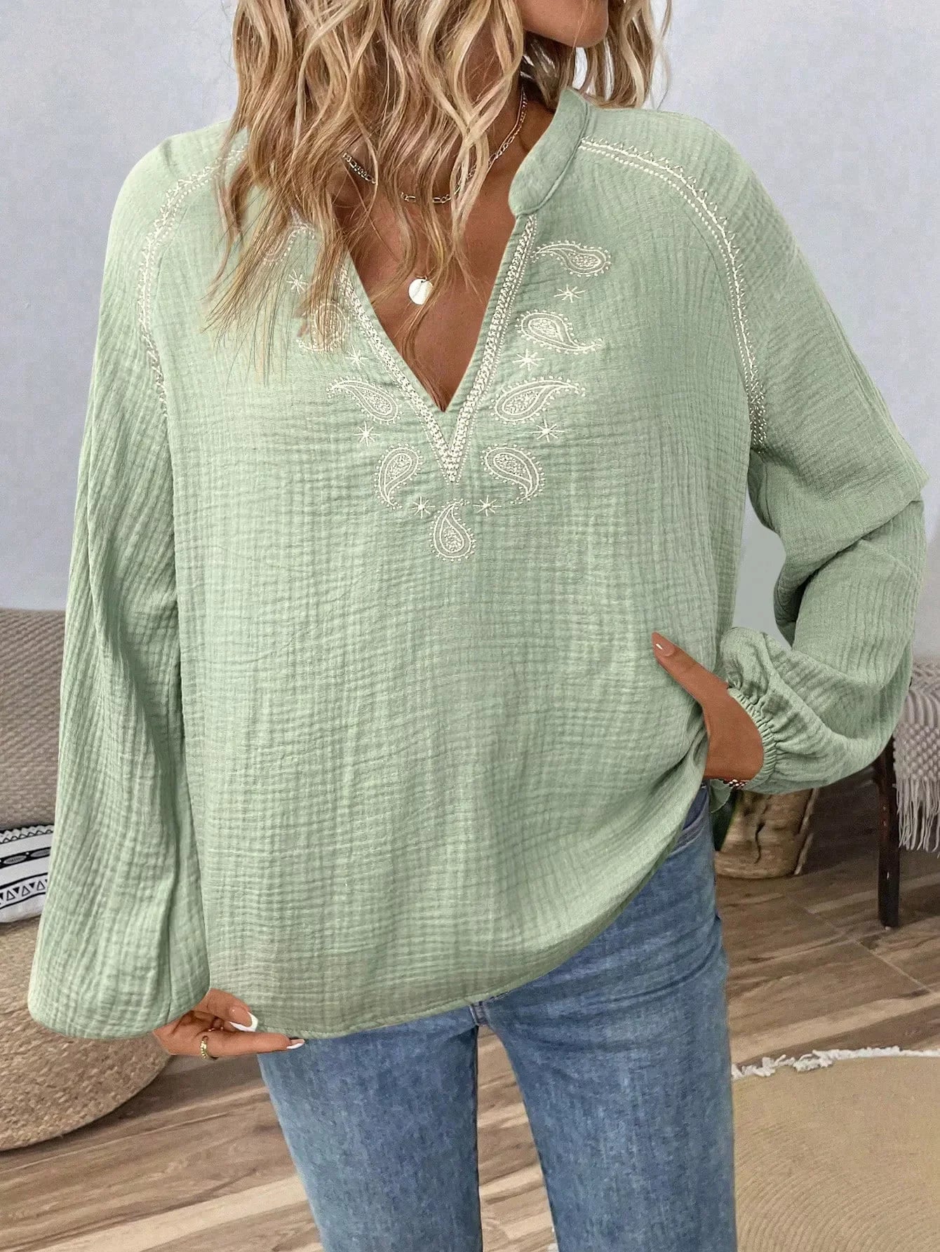 Paisley Notched Balloon Sleeve Cotton Blouse - Southern Shores Clothing
