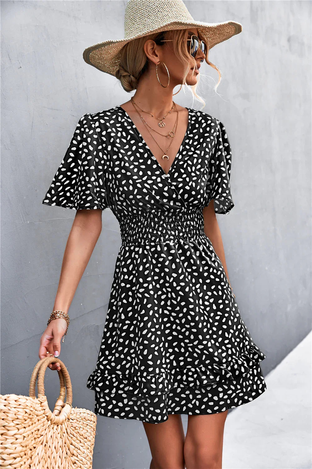 Printed Smocked Waist Layered Surplice Dress - Southern Shores Clothing