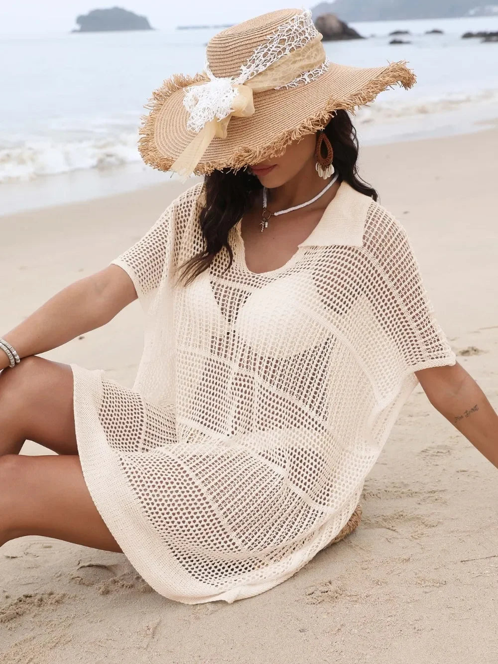 One Size Sheer Hollow Out Collared Neck Cover Up - Southern Shores Clothing