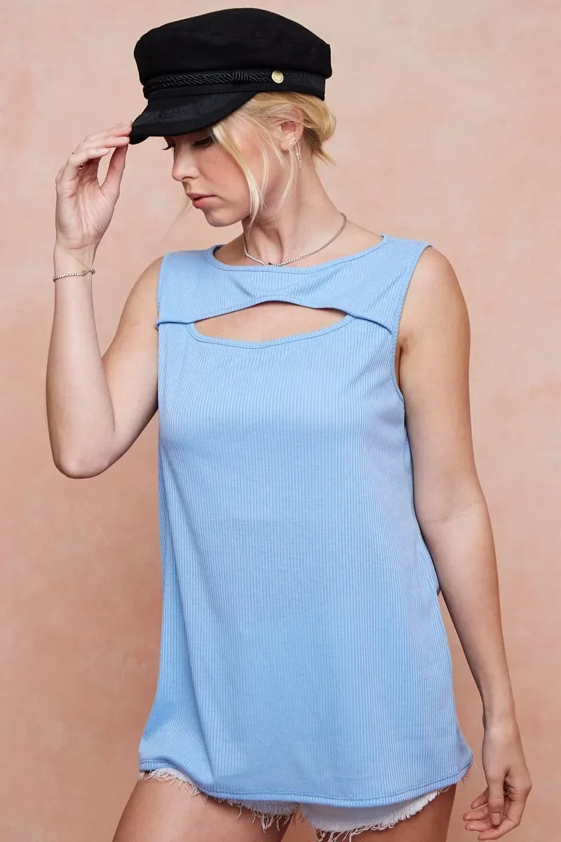 Rib Knit Sleeveless Tank Top With Cut Out Front - Southern Shores Clothing
