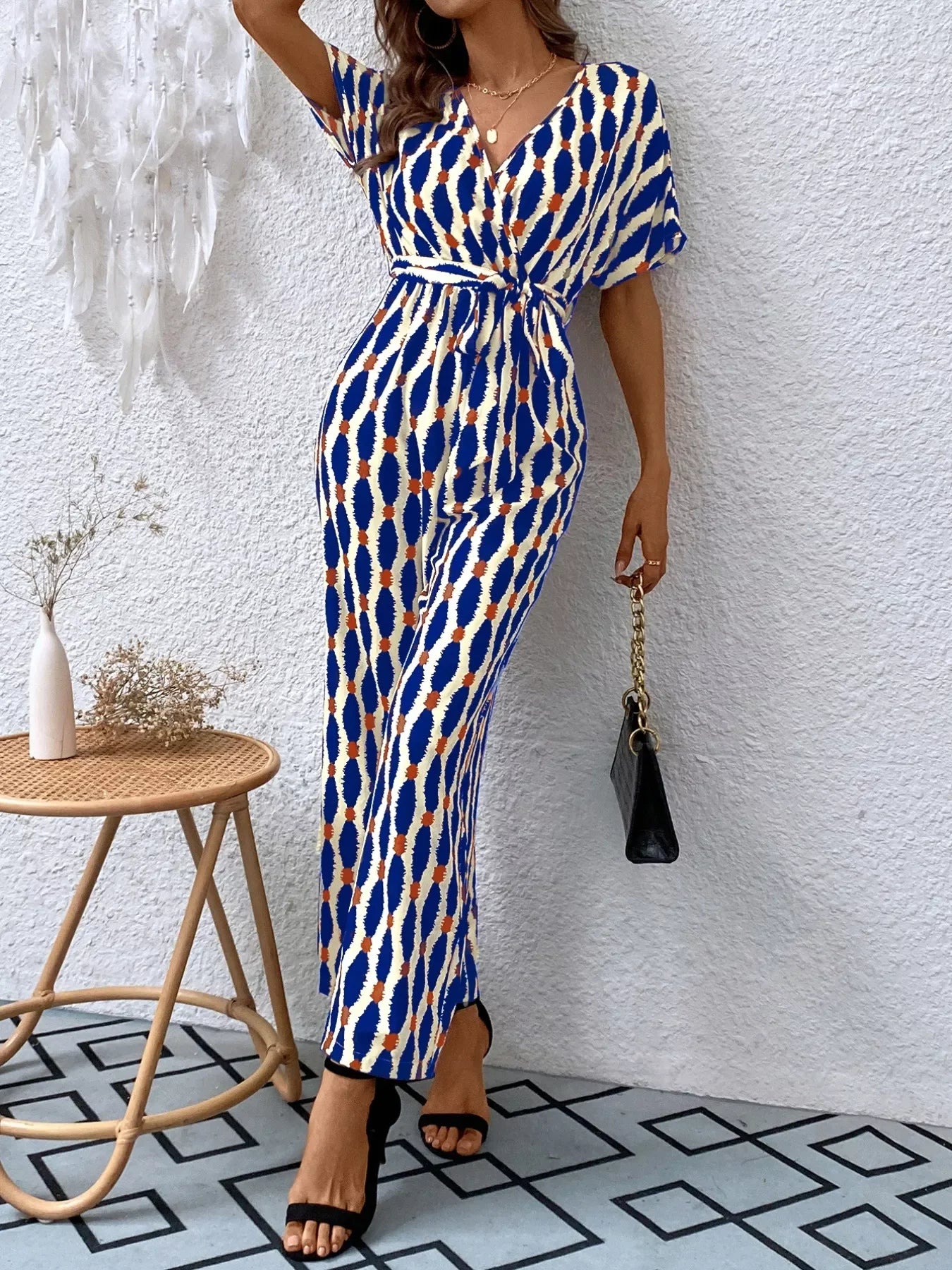Printed Surplice Tie Waist Short Sleeve Jumpsuit - Southern Shores Clothing