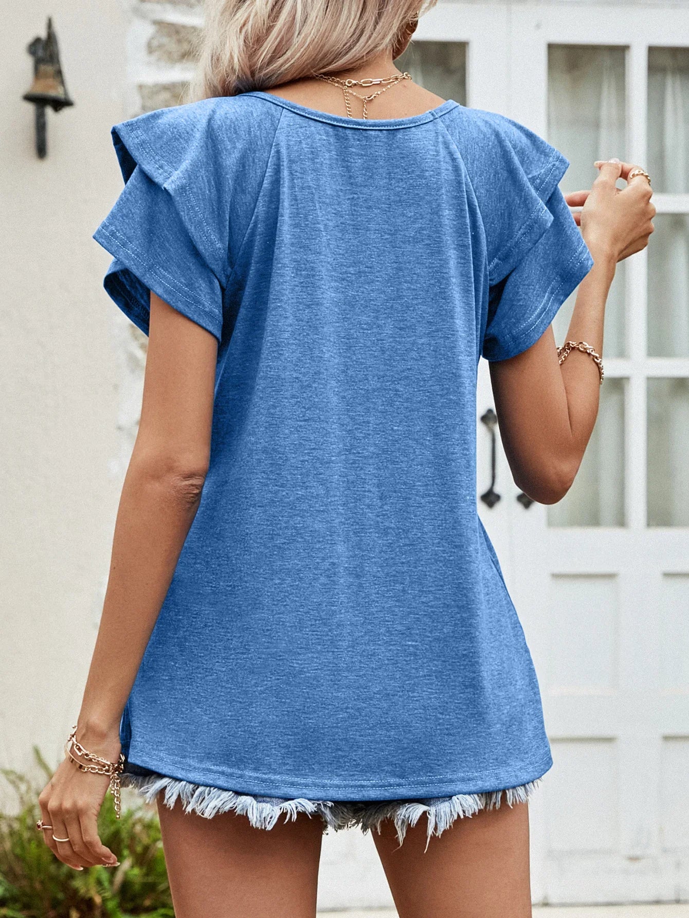 Layered Flutter Sleeve V-Neck T-Shirt Everyday Style - Southern Shores Clothing