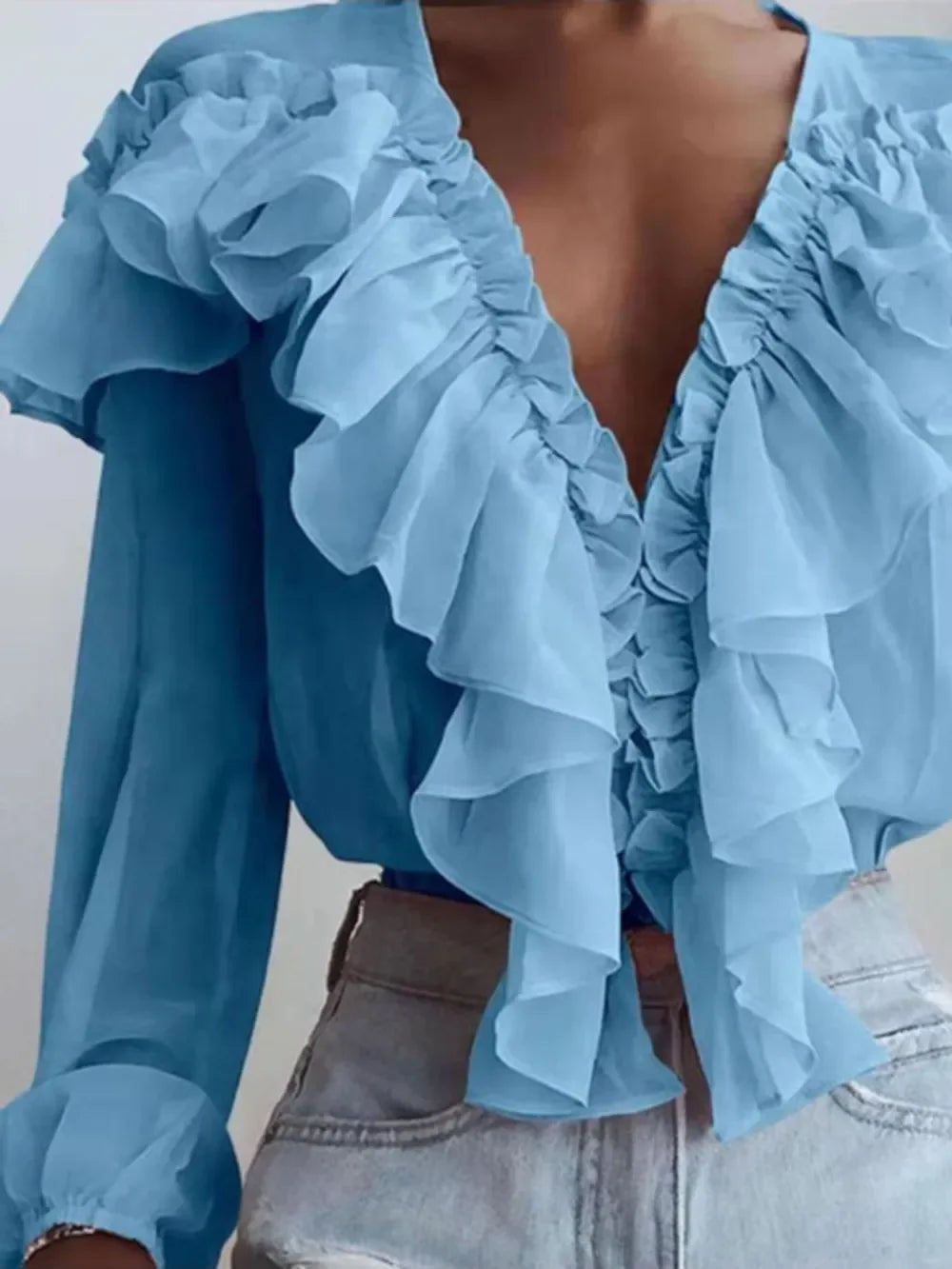 Elegant Ruffled V Neck Long Sleeve Polyester Blouse - Southern Shores Clothing