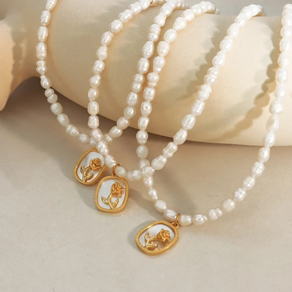 18K Gold-Plated Freshwater Pearl Necklace With Zircon - Southern Shores Clothing