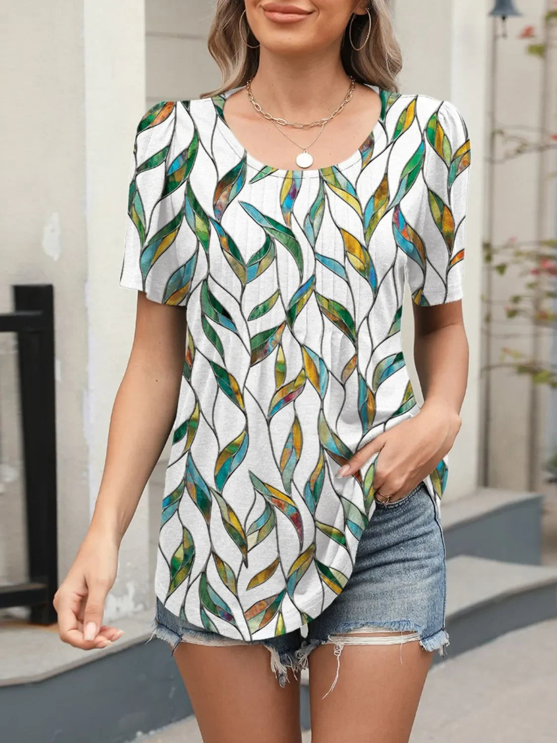 Floral Print Round Neck Short Sleeve T Shirt With Stretch - Southern Shores Clothing