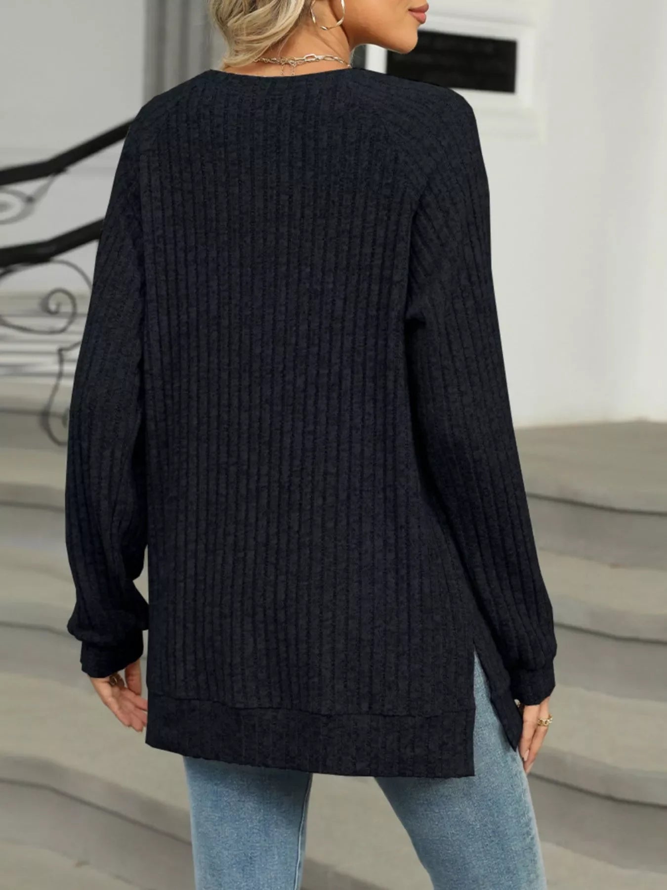 Round Neck Side Slit Ribbed Knit Top with Asymmetric Button Detail - Southern Shores Clothing
