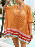 Slit Openwork V-Neck Half Sleeve Cover-Up One Size - Southern Shores Clothing