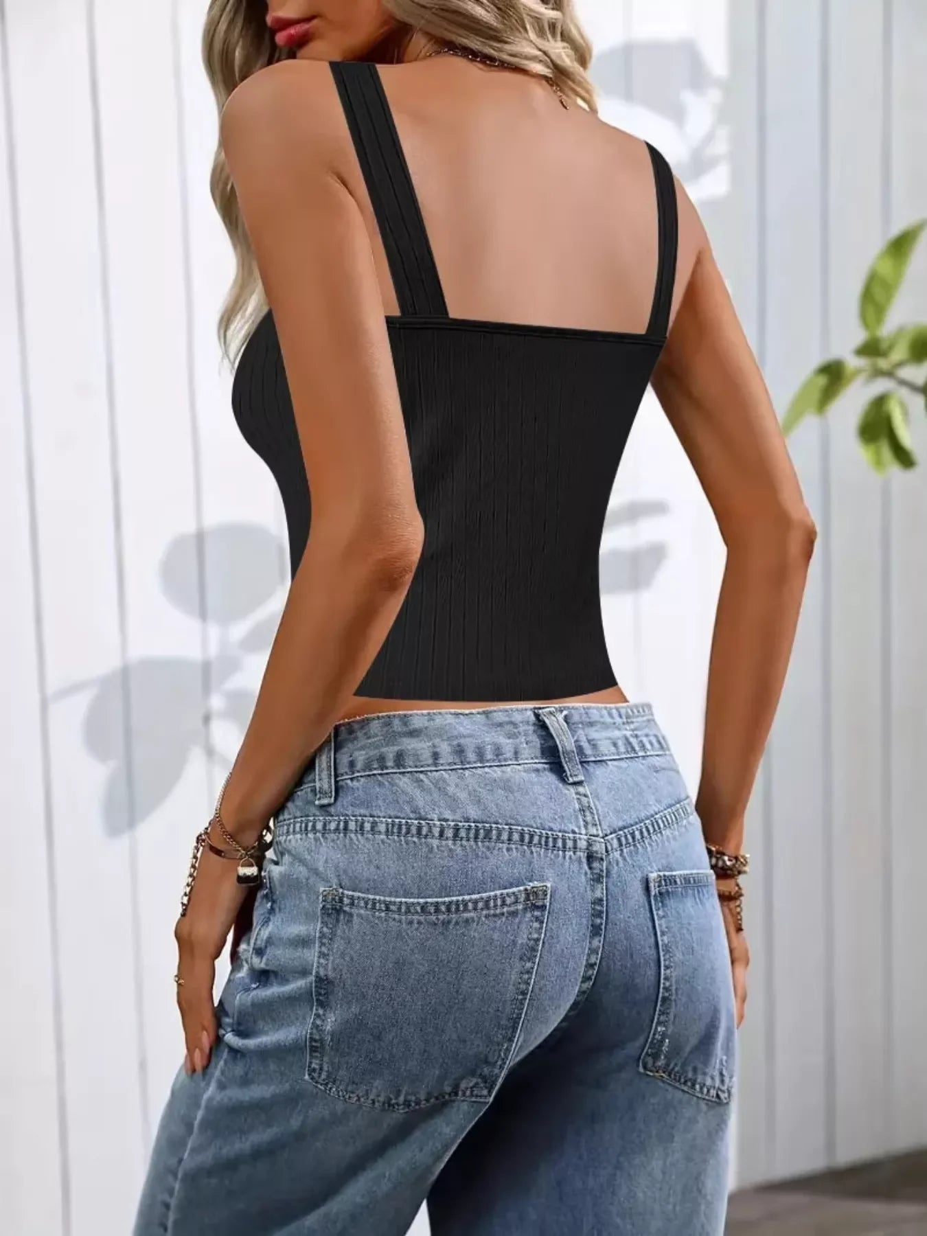 Ribbed Pearl Button Strap Scoop Neck Tank Top With Stretch Knit - Southern Shores Clothing