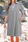 V Neck Collared Puff Sleeve Stripe Mini Dress With Pockets - Southern Shores Clothing