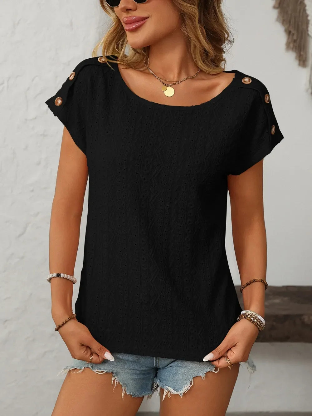 Eyelet Round Neck Short Sleeve Top With Decorative Button - Southern Shores Clothing