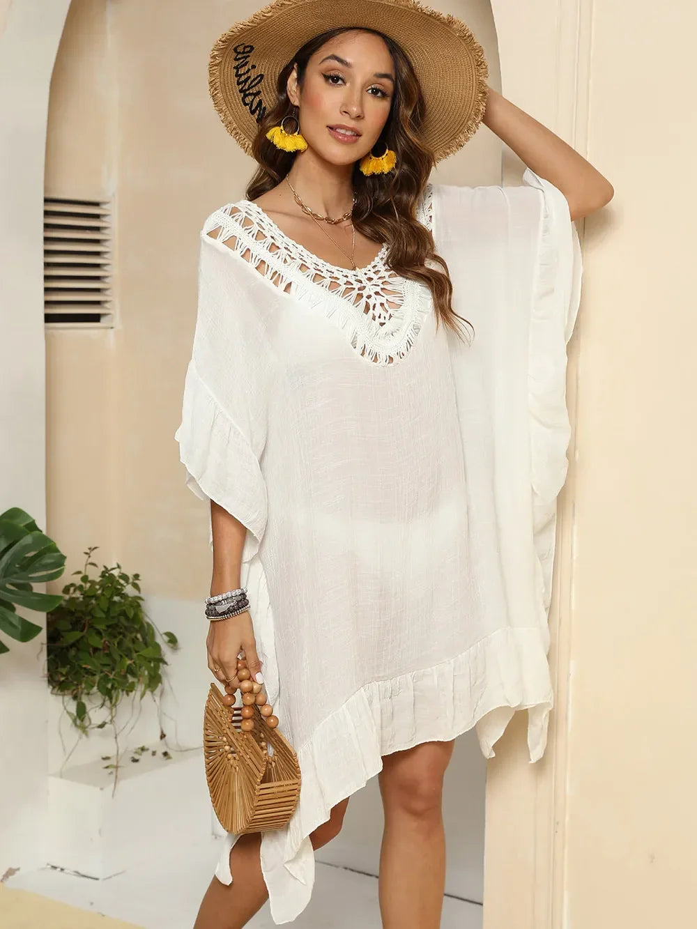 Cutout Ruffled Half Sleeve Cover Up One Size - Southern Shores Clothing