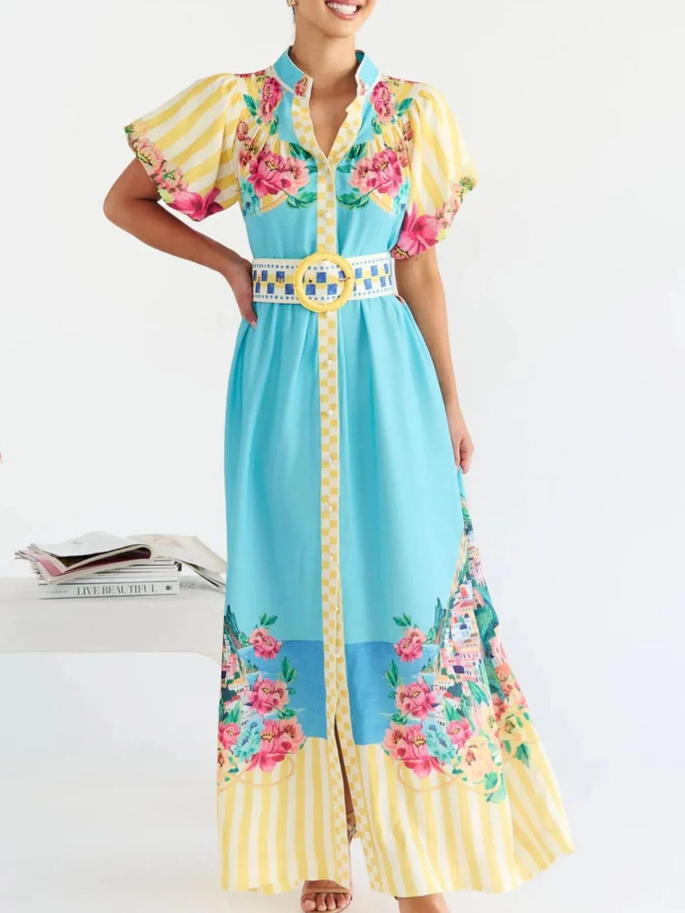 Printed Button Front Puff Sleeve Maxi Dress - Southern Shores Clothing
