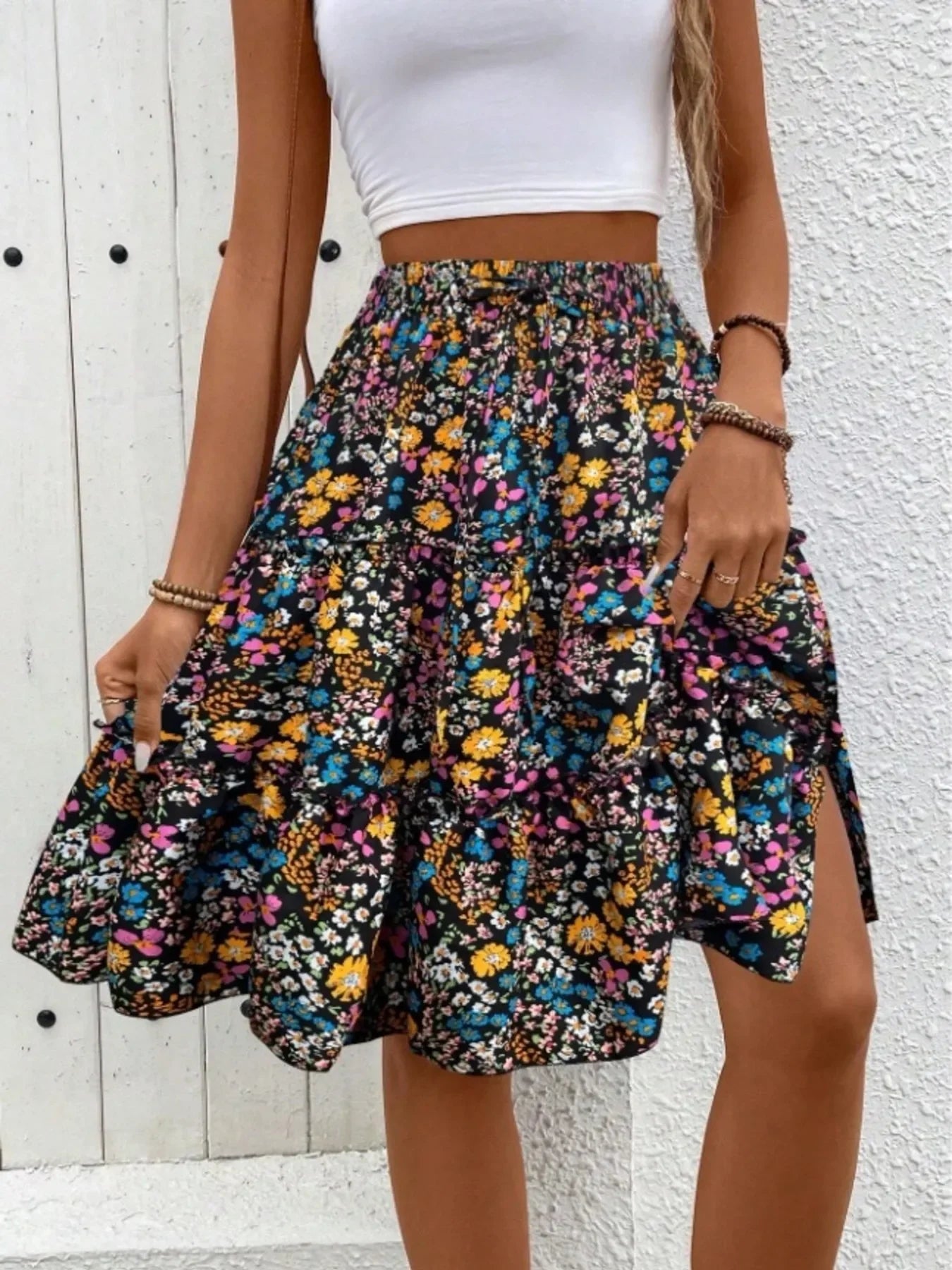Floral Print Midi Skirt Lightweight Fabric - Southern Shores Clothing
