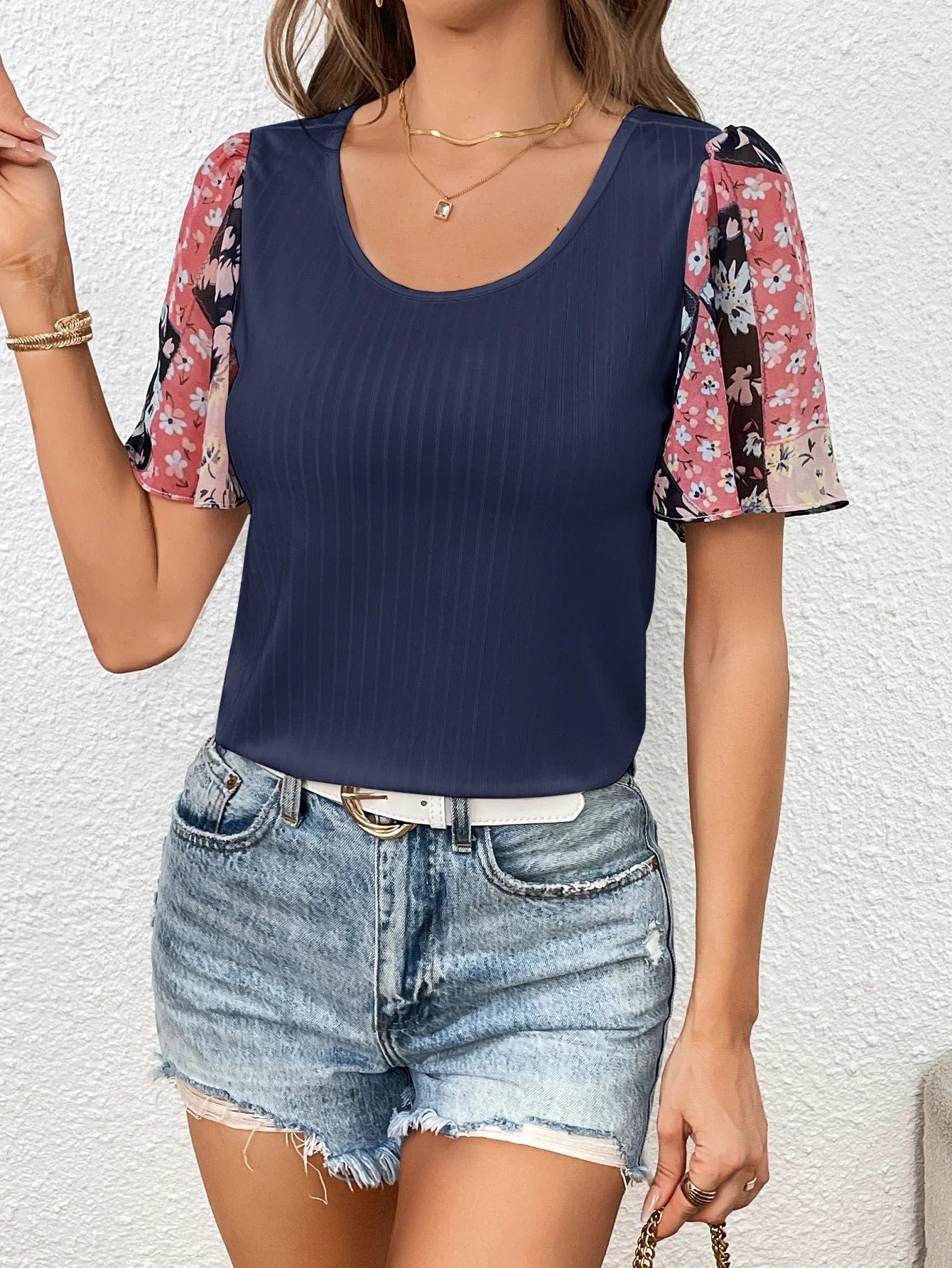 Printed Puff Sleeve Round Neck Tee With Moderate Stretch - Southern Shores Clothing