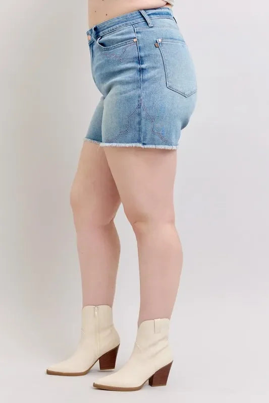 Plus Size High Waist Western Embroidered Cutoff Denim Shorts - Southern Shores Clothing