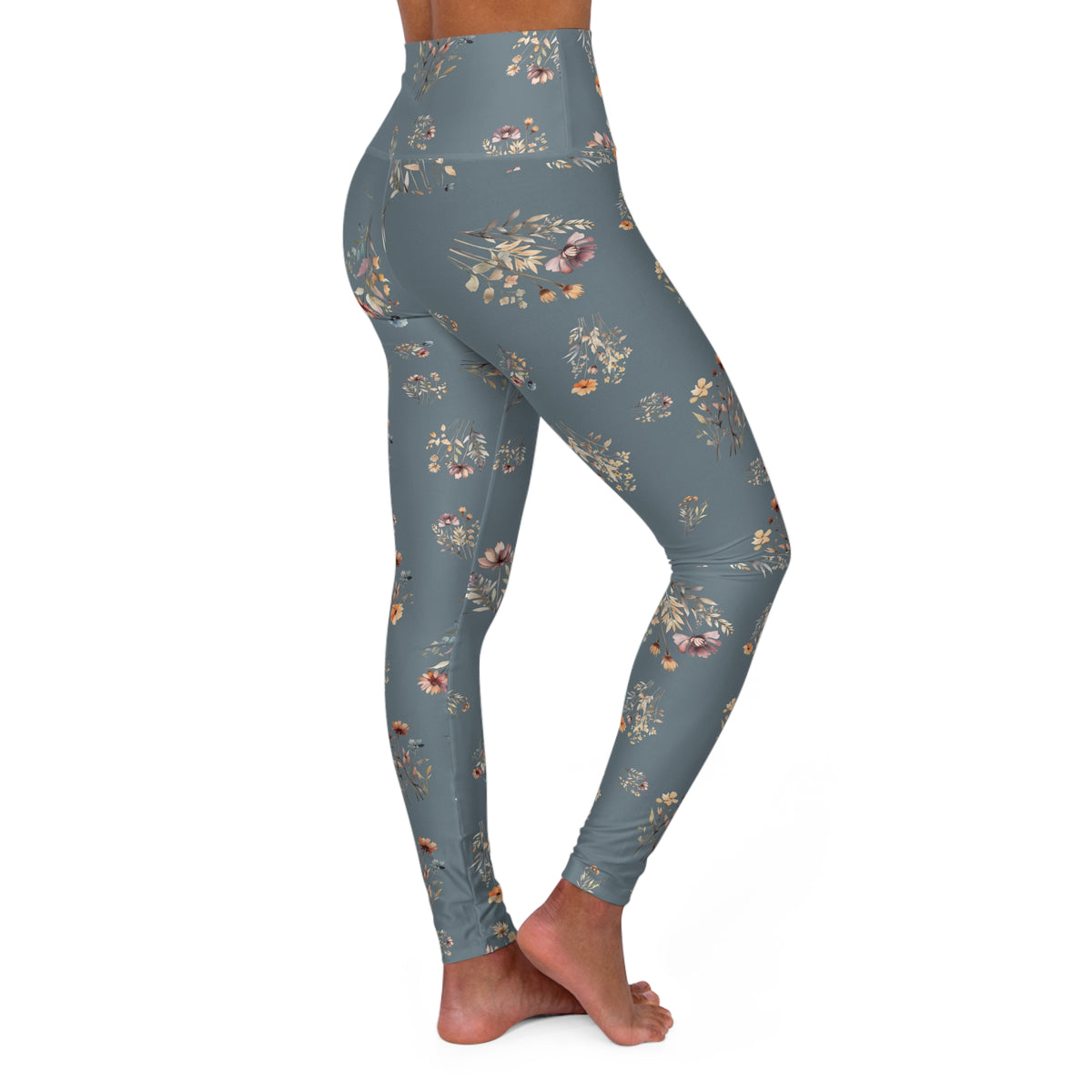 High Waisted Yoga Leggings, Dusty Blue Floral Pattern