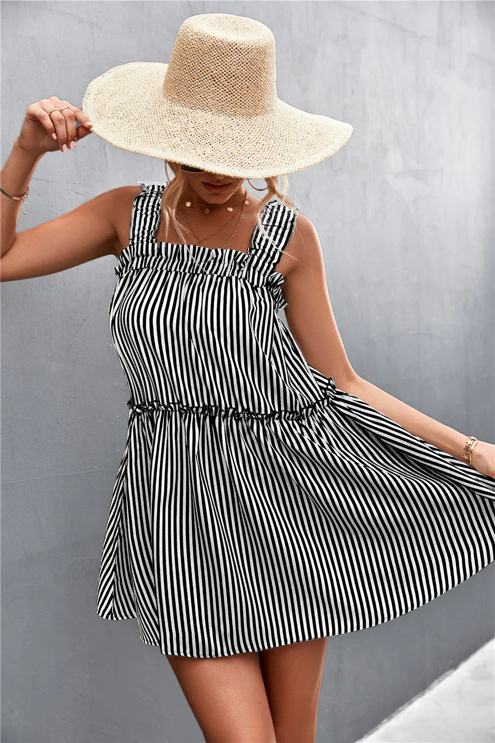 Casual Striped Frill Trim Square Neck Dress - Southern Shores Clothing
