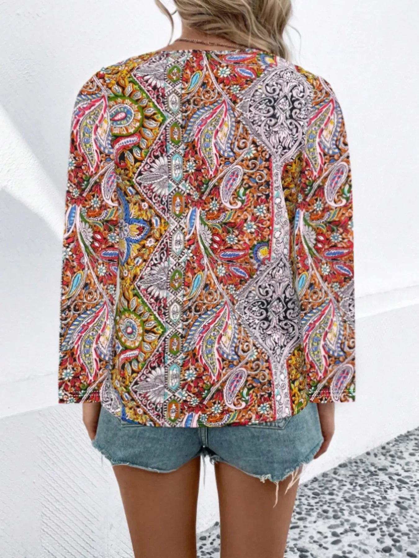 Paisley Print V Neck Long Sleeve Blouse Silhouette Classic - Southern Shores Clothing