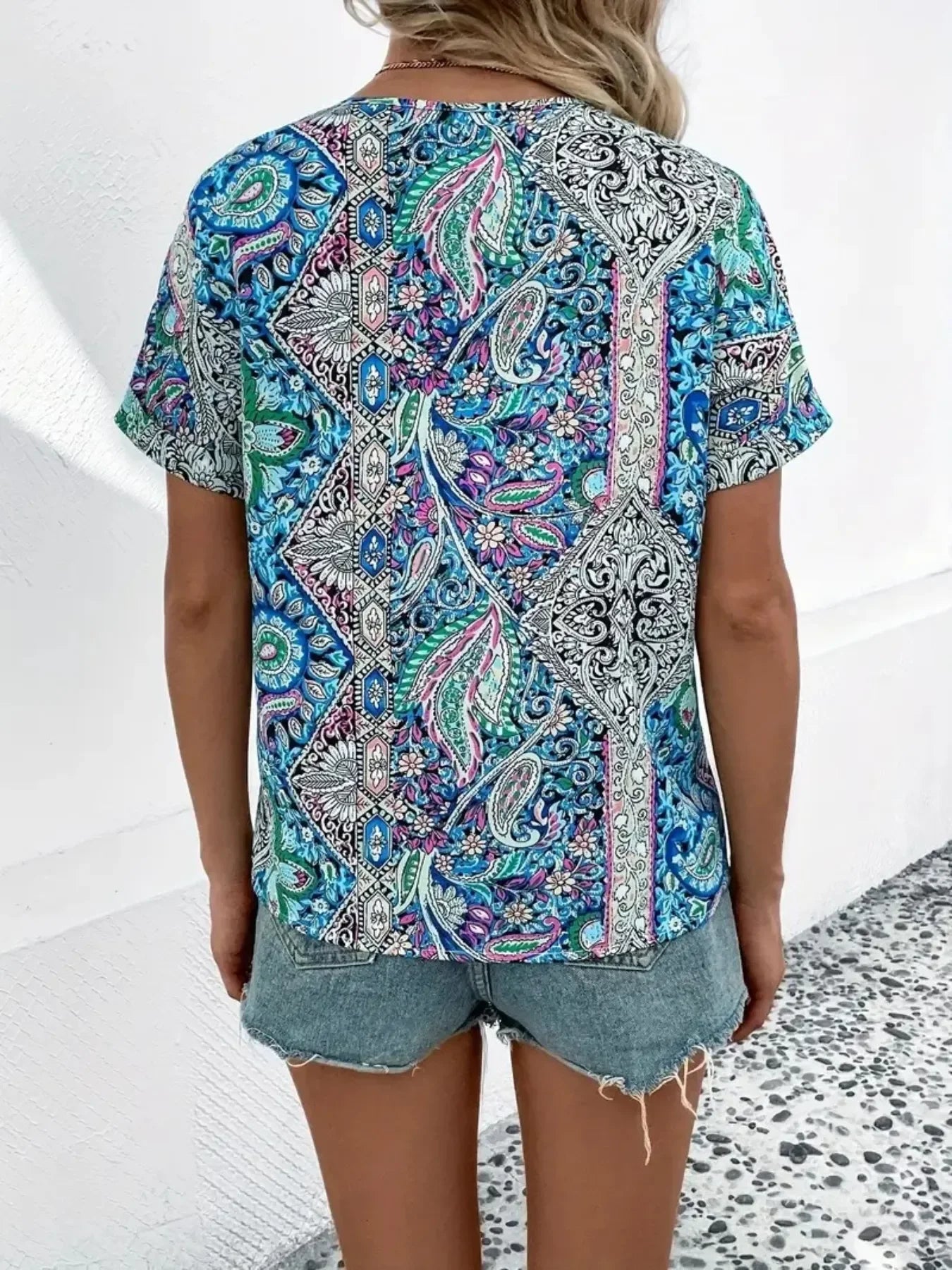 Bohemian Paisley Print V-Neck Short Sleeve T-Shirt - Southern Shores Clothing