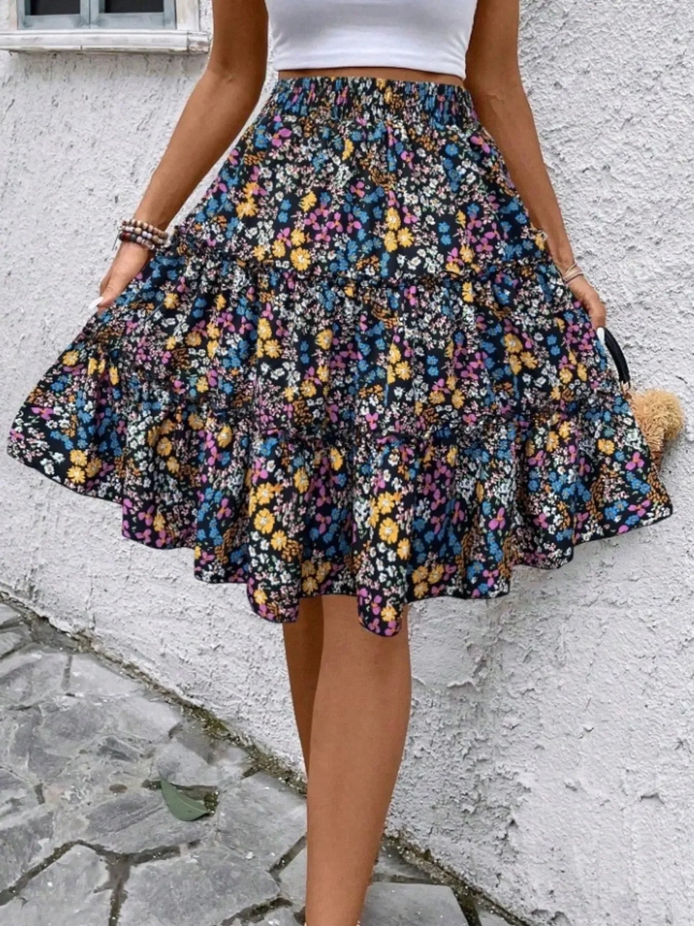 Floral Print Midi Skirt Lightweight Fabric - Southern Shores Clothing