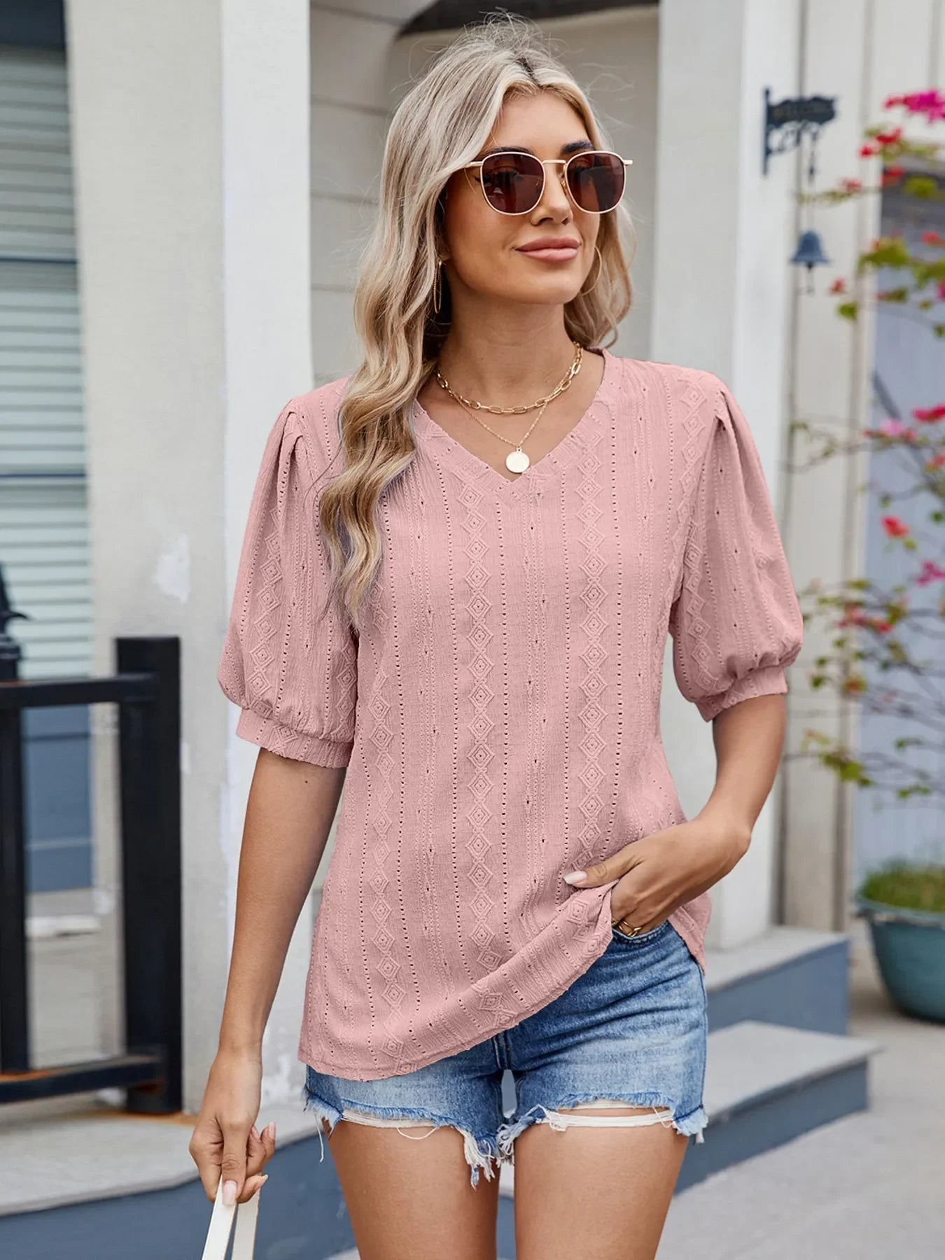 Spade Eyelet V-Neck Puff Sleeve Rayon Top - Southern Shores Clothing