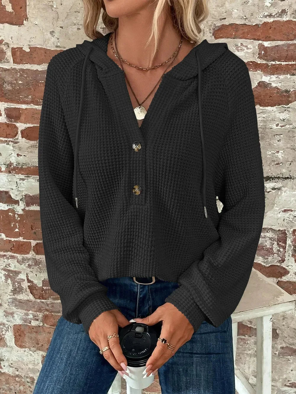 Waffle Knit Long Sleeve Drawstring Hooded Top - Southern Shores Clothing