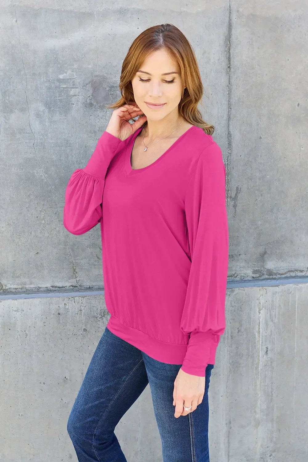 V Neck Lantern Sleeve Top Lightweight Stretch - Southern Shores Clothing
