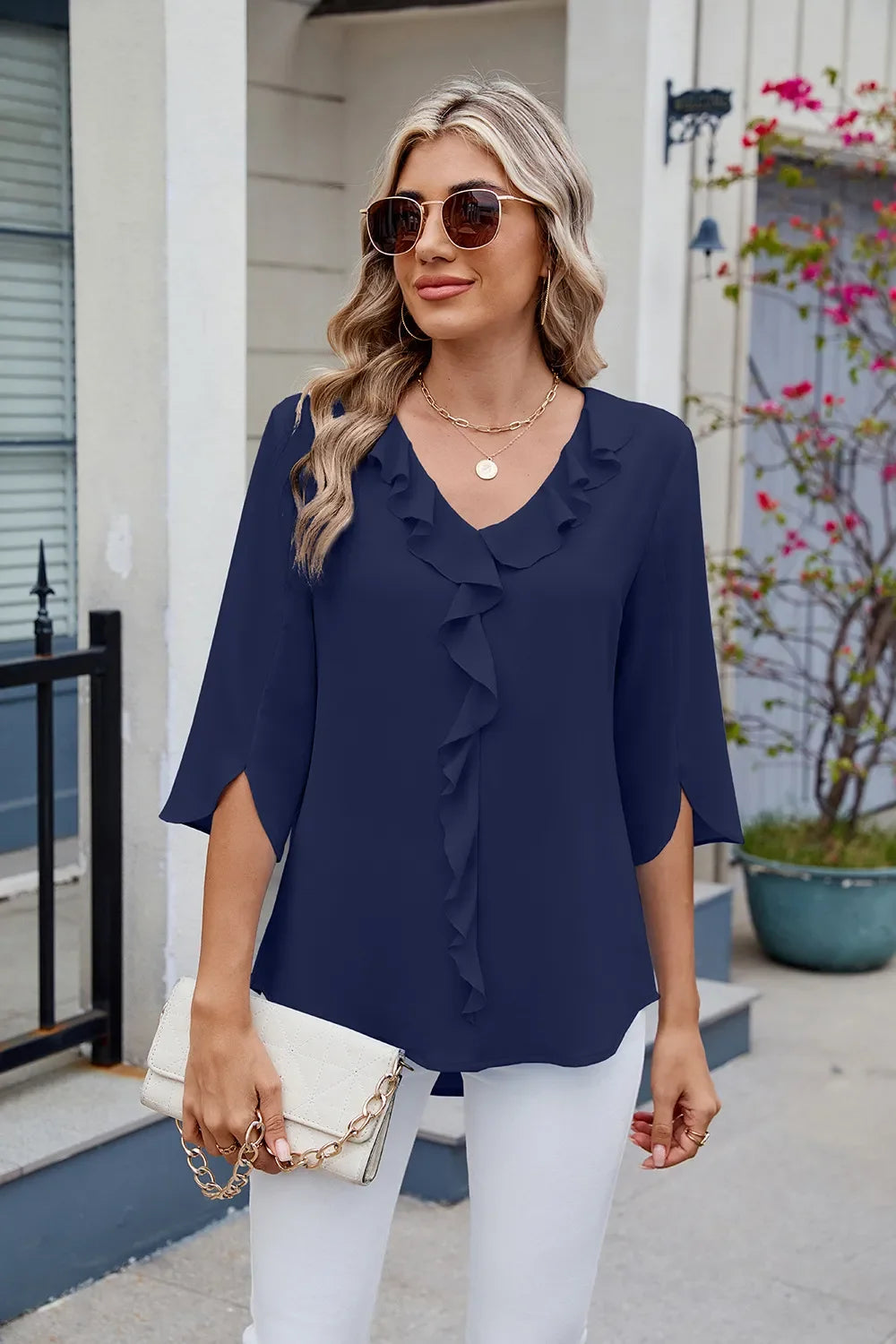 Ruffled Polyester V-Neck Blouse With Three-Quarter Sleeve - Southern Shores Clothing