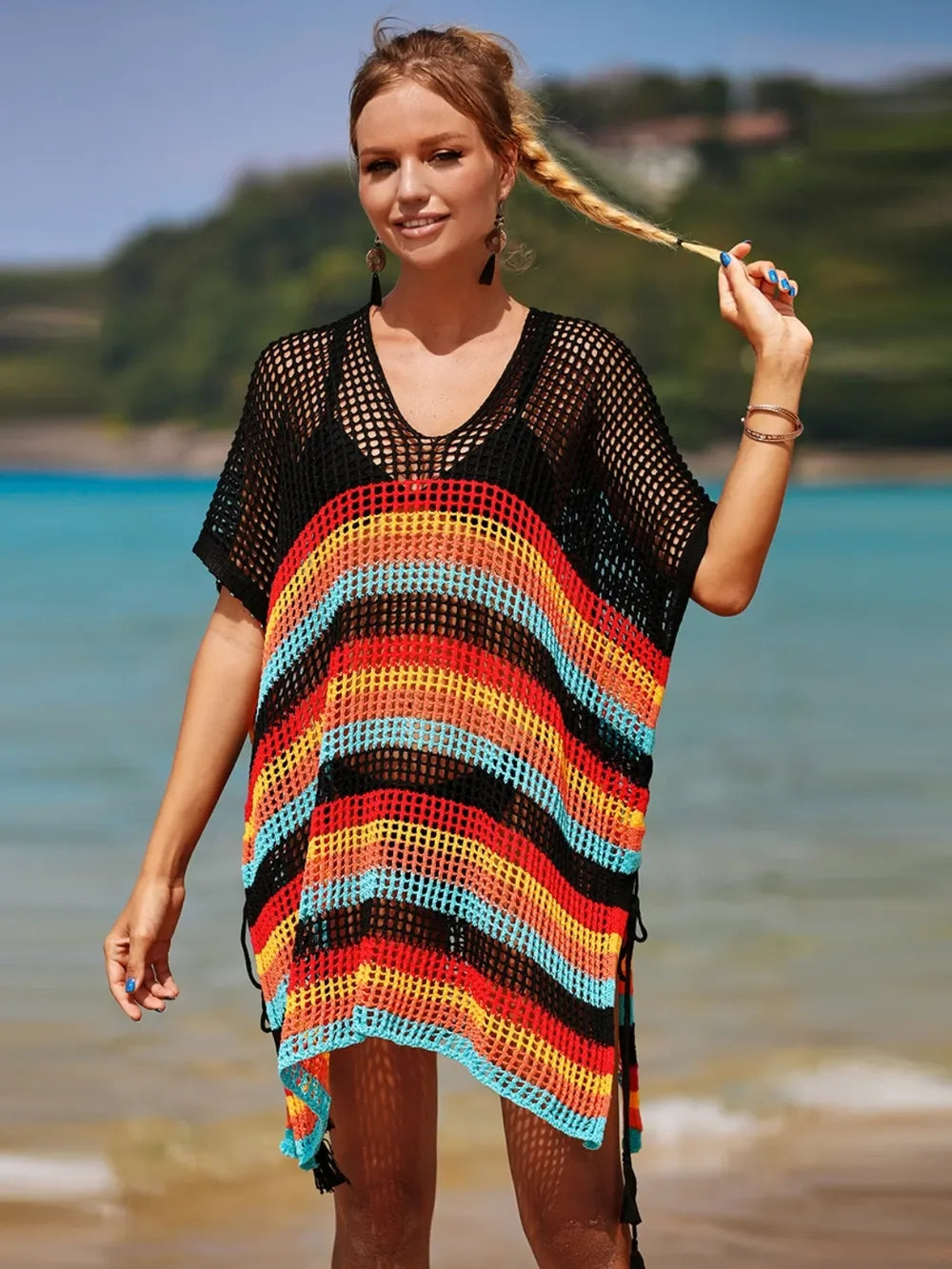 Angel Wings Striped Cutout Cover Up One Size Tassel - Southern Shores Clothing