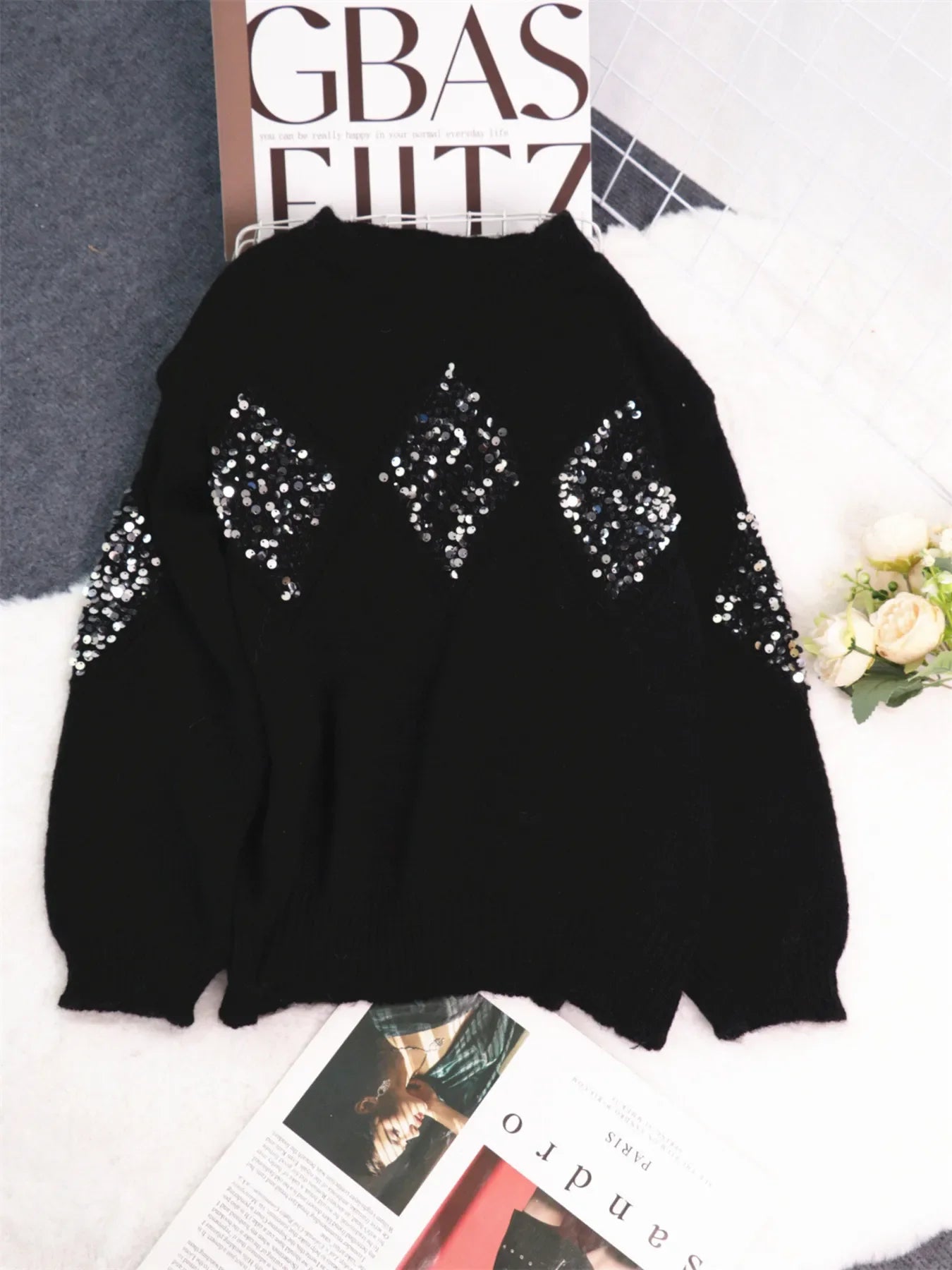 Sequined Diamond Pattern Oversized Sweater - Southern Shores Clothing