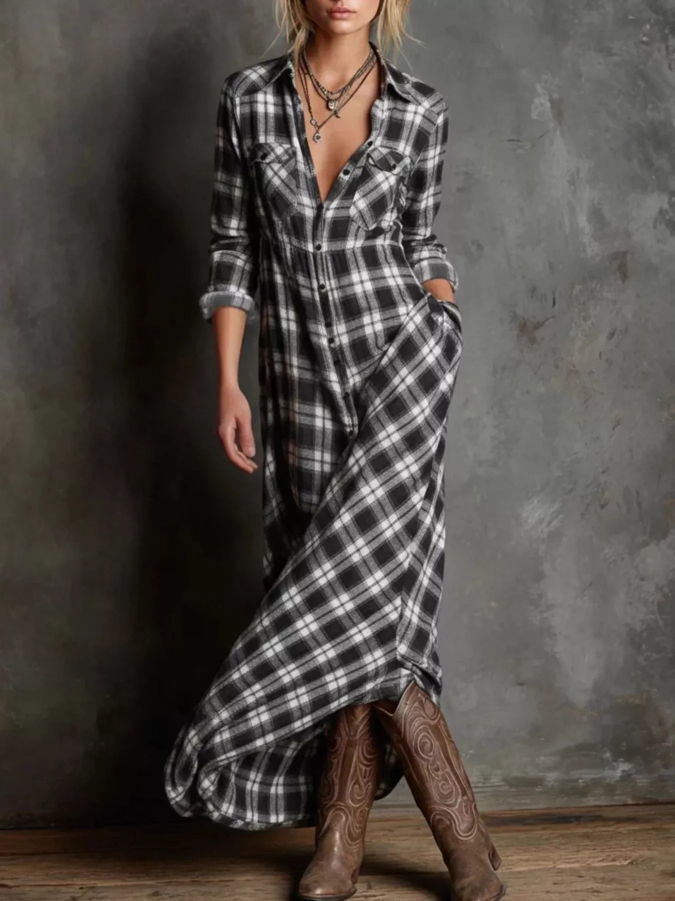 Plaid Button-Down Maxi Dress With Pockets Plus Size - Southern Shores Clothing