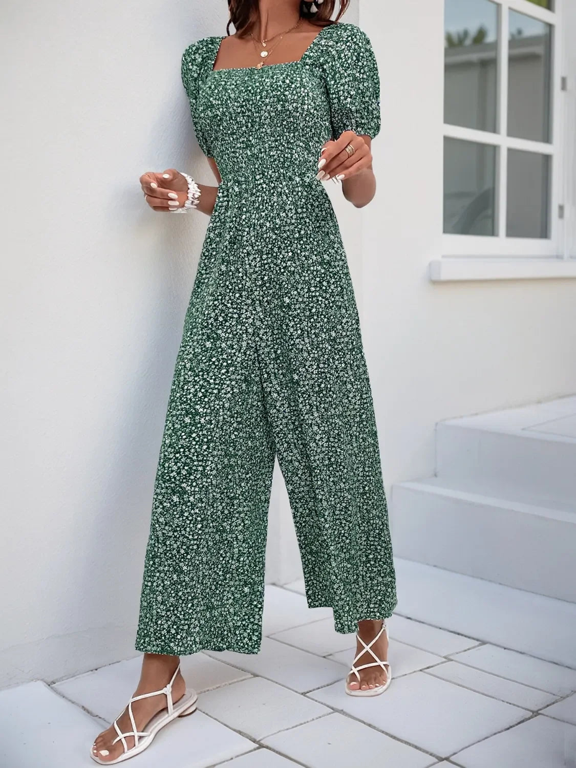 Printed Square Neck Puff Sleeve Jumpsuit - Southern Shores Clothing