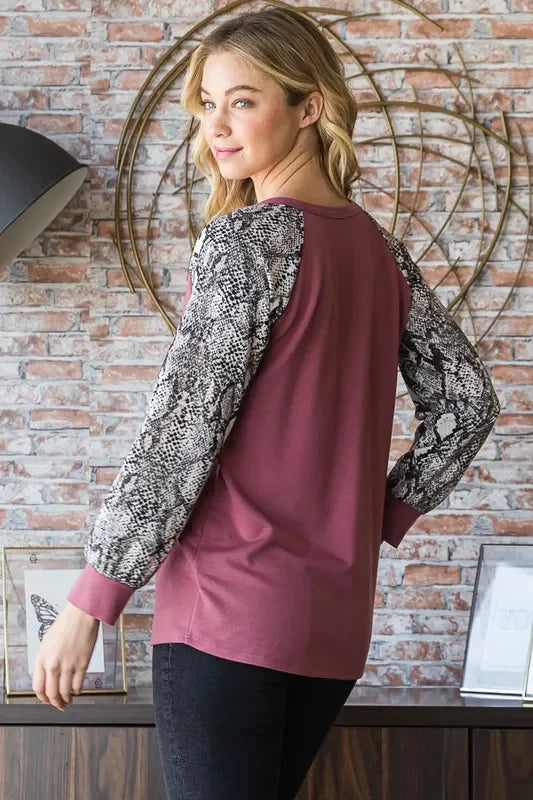 Snakeskin Print Raglan Sleeve Half Button Top - Southern Shores Clothing